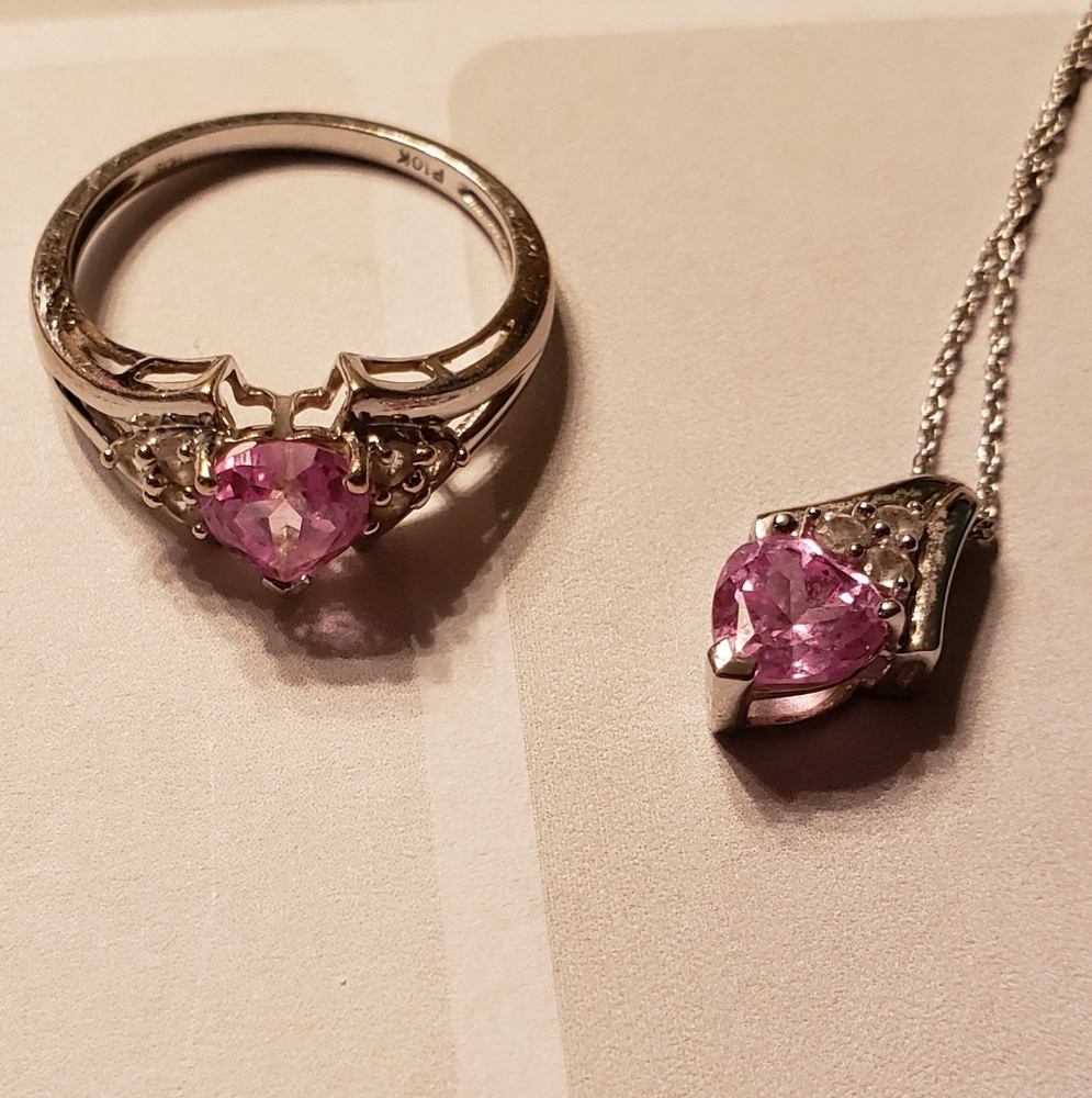 10k White Gold Pink Sapphire and Diamond heart shaped Diamond ring and necklace